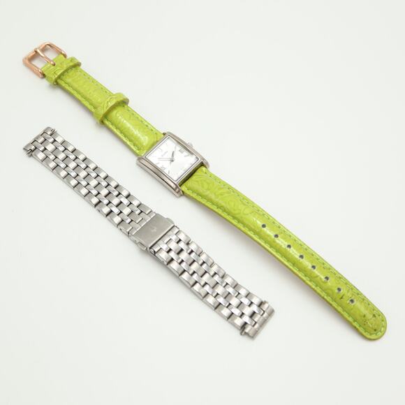 Bulova Silver Tone Womens 23mm Tank Watch Yellow Green Leather w New Battery - Picture 13 of 16